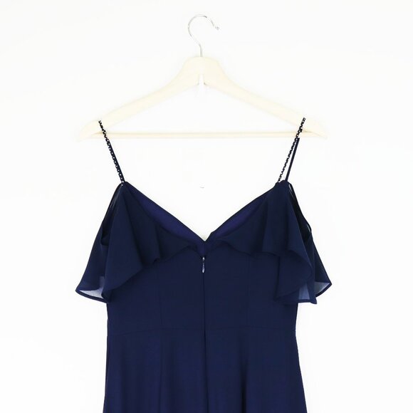 NEW Bill Levkoff Jodi Navy Chiffon Spaghetti Strap A-line Gown Maxi Dress Blue 2 - Picture 8 of 9